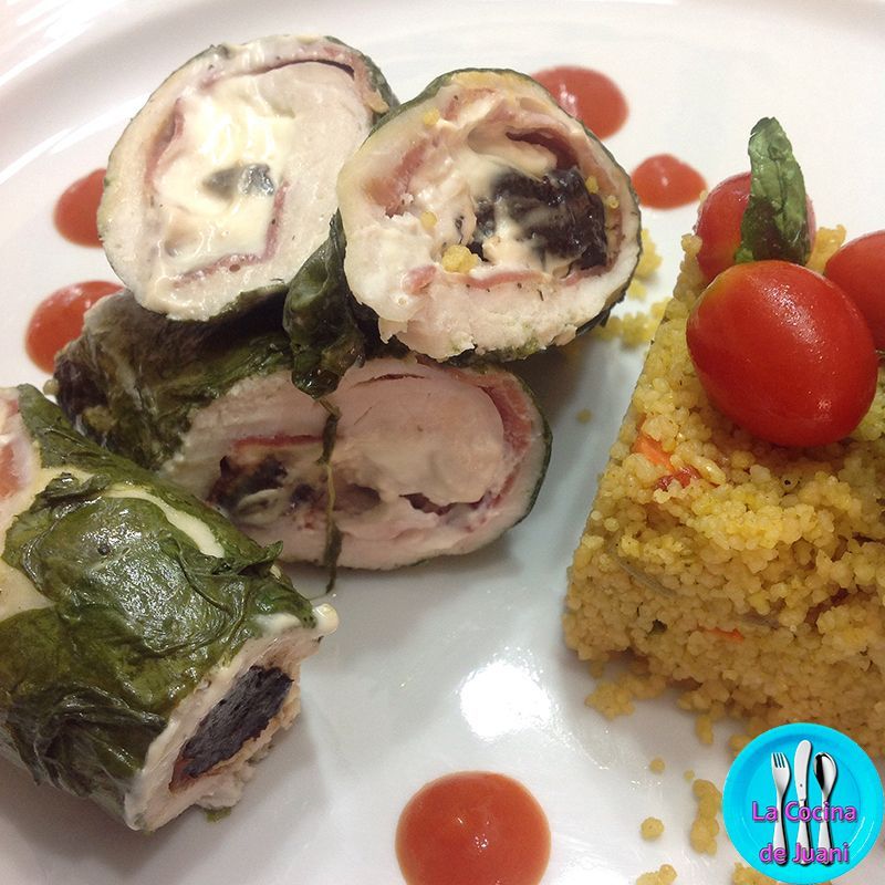 Rollitos de pollo con espinacas al vapor